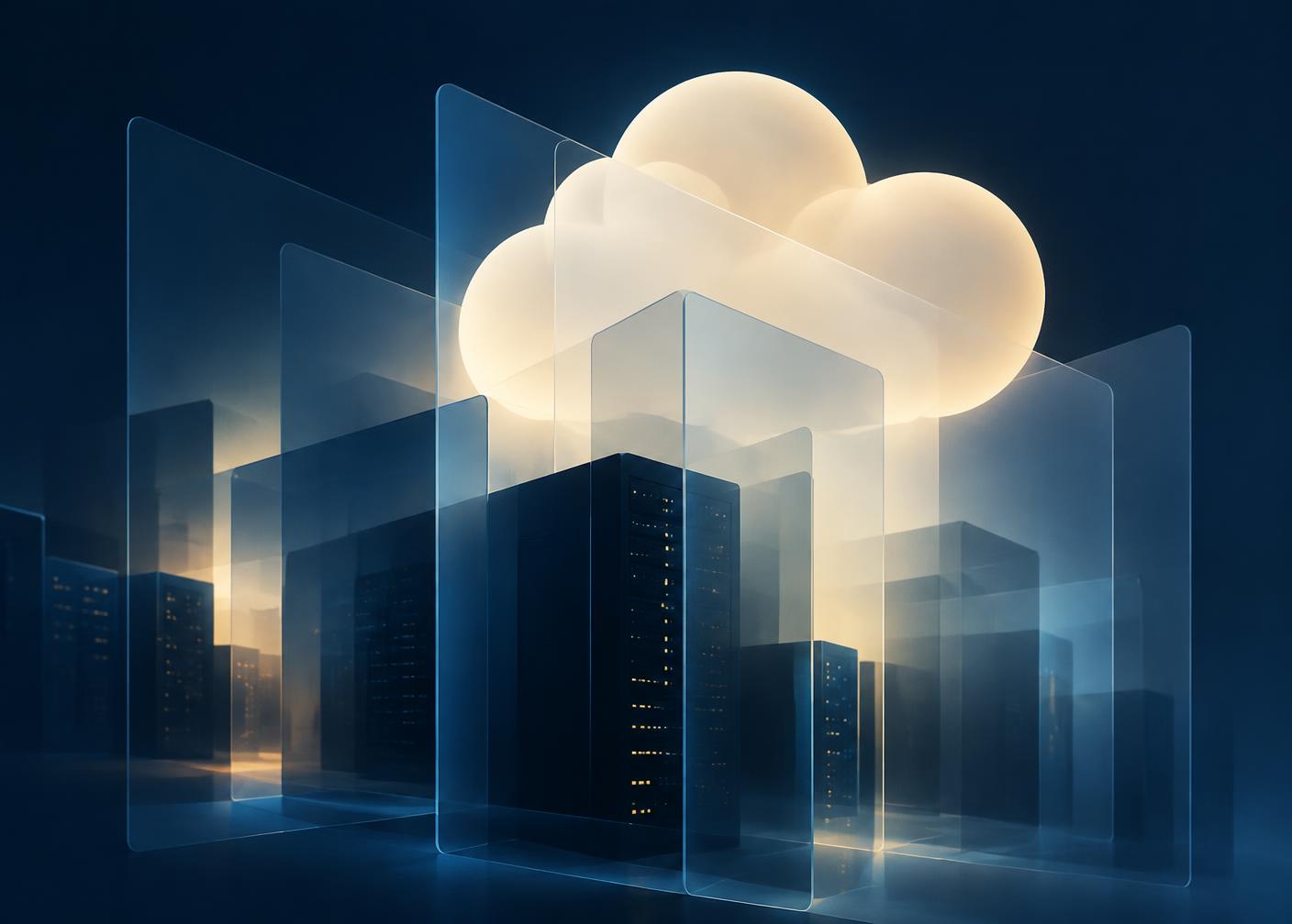 Abstract representation of cloud computing with layered translucent panels and server racks