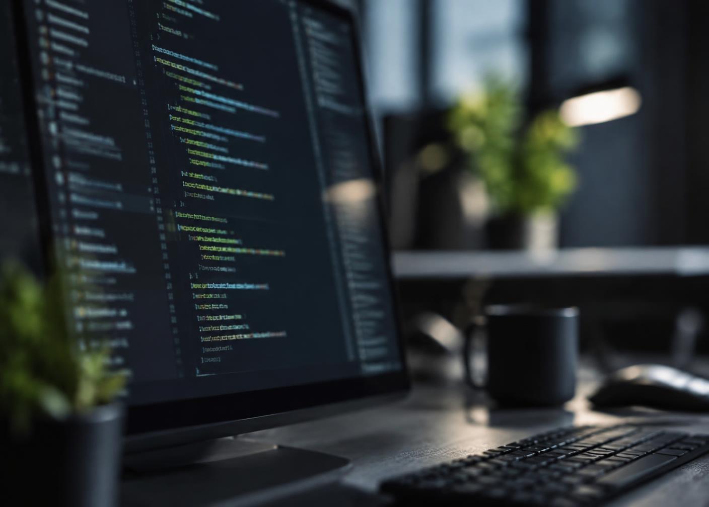 Source code displayed on a monitor in a software development workspace