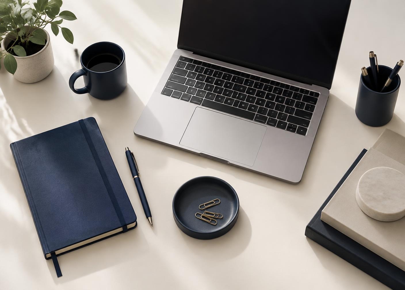 Tidy technology workspace with a laptop, notebook and pen on a light desk